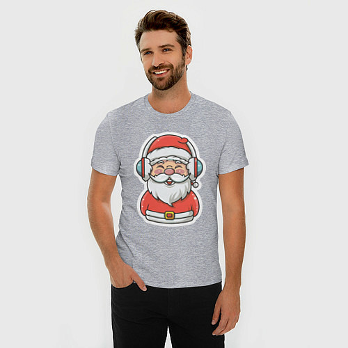 Мужская slim-футболка Дед Мороз в наушниках / Меланж – фото 3
