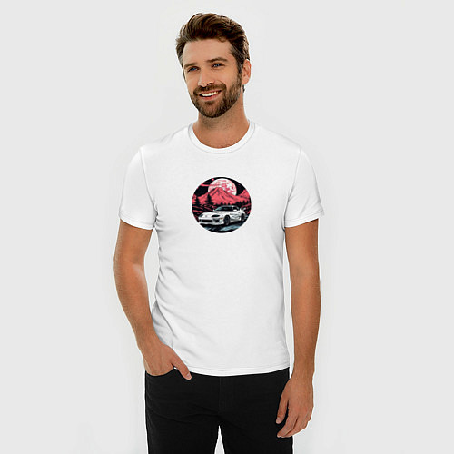 Мужская slim-футболка Тойота Супра и алый горный закат / Белый – фото 3