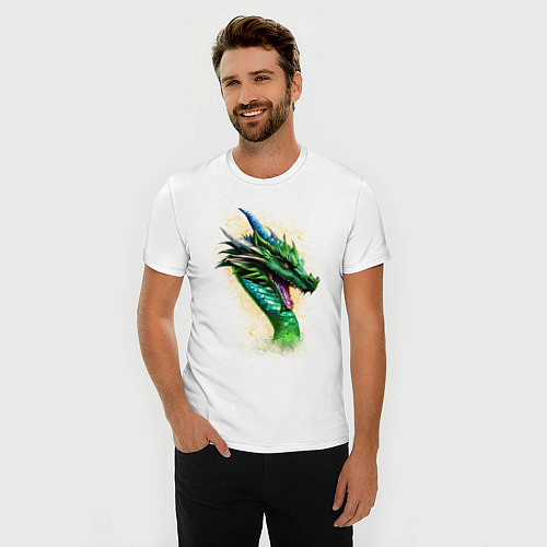 Мужская slim-футболка Зеленый Фантастический Дракон / Белый – фото 3