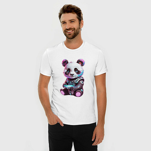 Мужская slim-футболка Funny panda - cyberpunk / Белый – фото 3