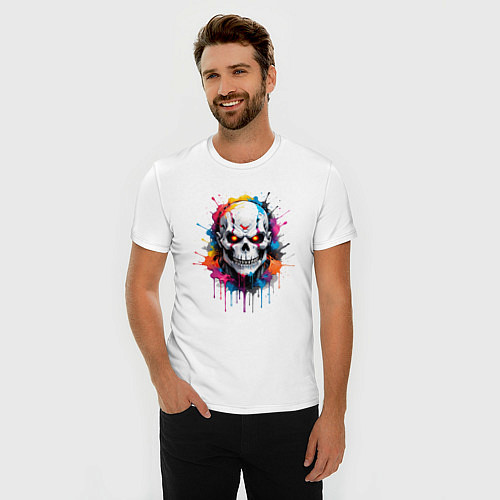 Мужская slim-футболка Череп на фоне акварельных красок / Белый – фото 3