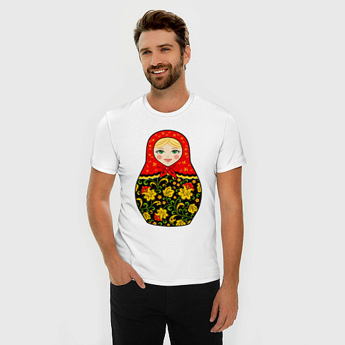 Мужская slim-футболка Матрёшка в хохломской росписи / Белый – фото 3