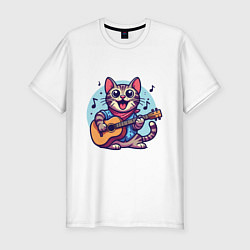 Футболка slim-fit Полосатый кот играет на гитаре, цвет: белый
