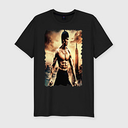 Футболка slim-fit Брюс Ли на фоне города, цвет: черный