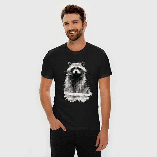 Мужская slim-футболка Енот около воды / Черный – фото 3
