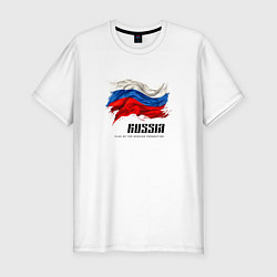 Футболка slim-fit Развевающийся флаг России с надписью, цвет: белый
