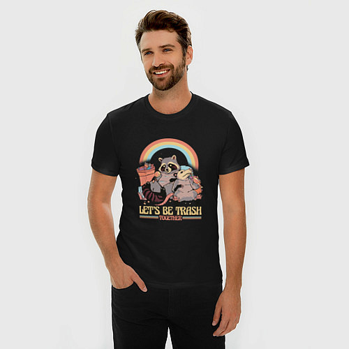 Мужская slim-футболка Давай будем мусором вместе : влюблённые Енот и Опо / Черный – фото 3