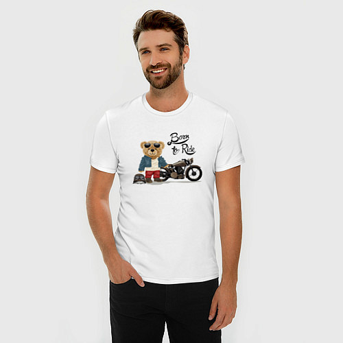 Мужская slim-футболка Плюшевый медвежонок с мотоциклом / Белый – фото 3