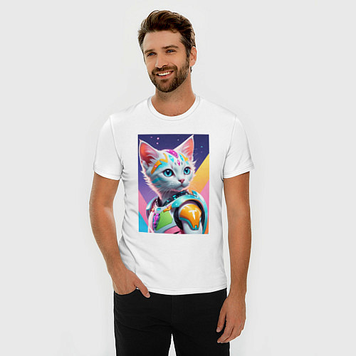 Мужская slim-футболка Котик в стиле киберпанк / Белый – фото 3