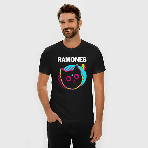 Мужская slim-футболка Ramones rock star cat / Черный – фото 3