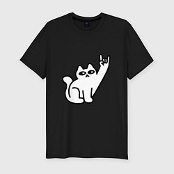 Футболка slim-fit Рок кот мем, цвет: черный