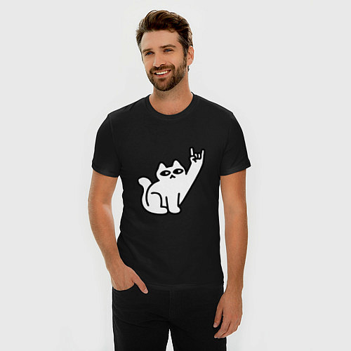Мужская slim-футболка Рок кот мем / Черный – фото 3