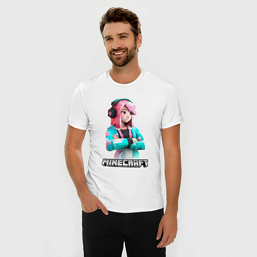 Мужская slim-футболка Minecraft девушка с розовыми волосами / Белый – фото 3
