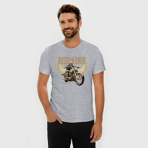 Мужская slim-футболка Русский байкер на мотоцикле / Меланж – фото 3