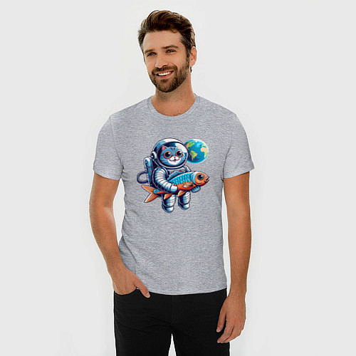 Мужская slim-футболка Котик космонавт с рыбой - нейросеть / Меланж – фото 3