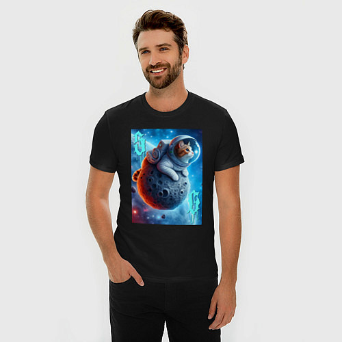 Мужская slim-футболка Space cat - ai art / Черный – фото 3