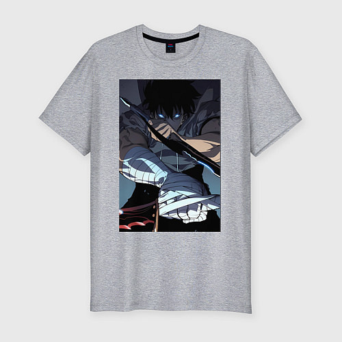 Мужская slim-футболка Поднятие уровня в одиночку Джину Сон / Меланж – фото 1