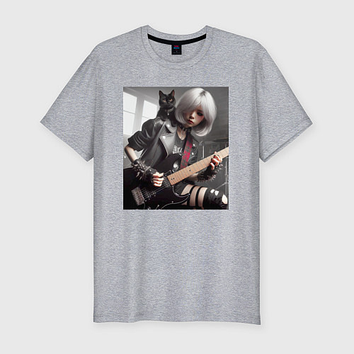 Мужская slim-футболка Девчонка рок гитарист с чёрным котом / Меланж – фото 1