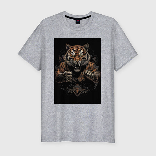 Мужская slim-футболка Тайский бокс тигр в стойке / Меланж – фото 1