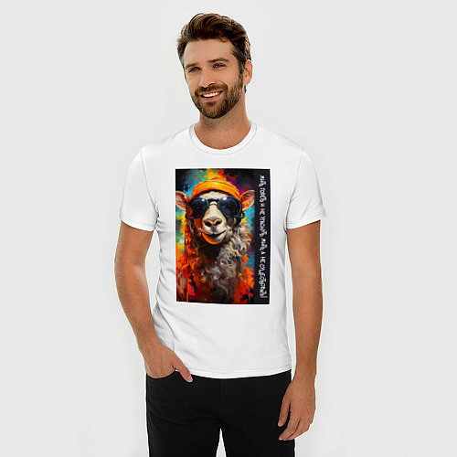 Мужская slim-футболка Лама хиппи: жить гореть и не угаснуть, жить а не с / Белый – фото 3