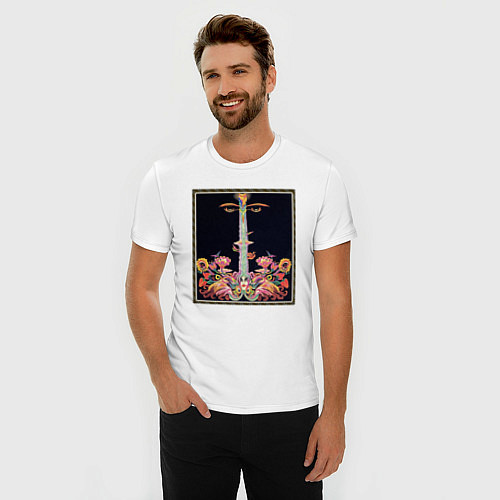 Мужская slim-футболка Абстракные лица, цветы и ноты / Белый – фото 3