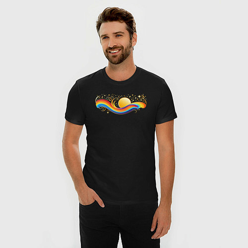 Мужская slim-футболка Радуга с солнцем и звездами / Черный – фото 3