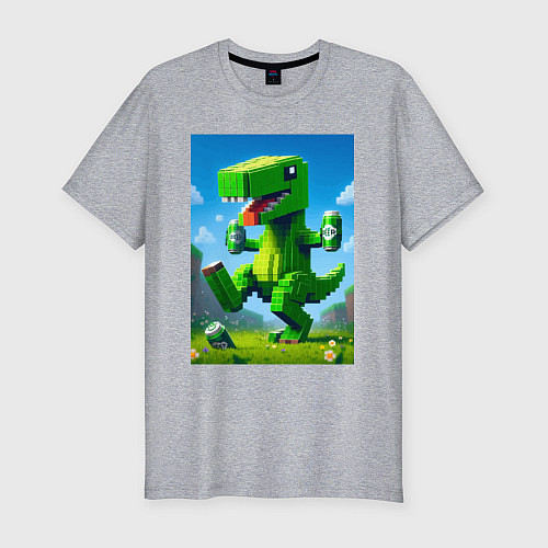 Мужская slim-футболка Пивозаврик с банками пивасика - кубический Майнкра / Меланж – фото 1