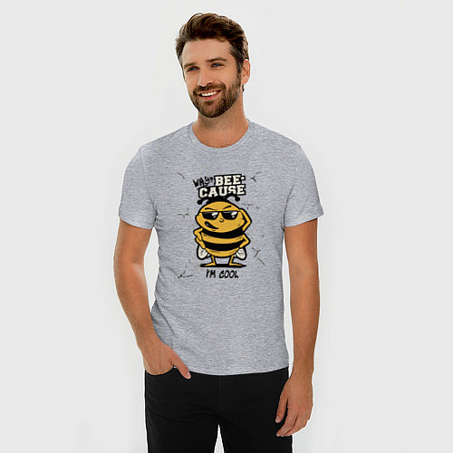 Мужская slim-футболка Why bee cause im cool / Меланж – фото 3
