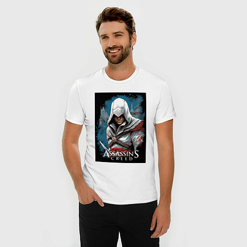 Мужская slim-футболка Assassins creed белый кинжал / Белый – фото 3