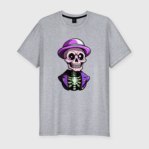 Мужская slim-футболка Скелет в фиолетовой шляпе / Меланж – фото 1