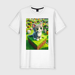 Футболка slim-fit Funny kitten - Minecraft ai art, цвет: белый