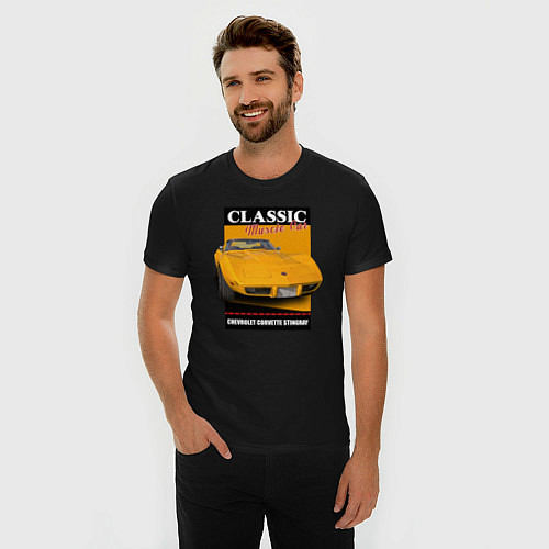 Мужская slim-футболка Chevrolet Corvette американский маслкар / Черный – фото 3
