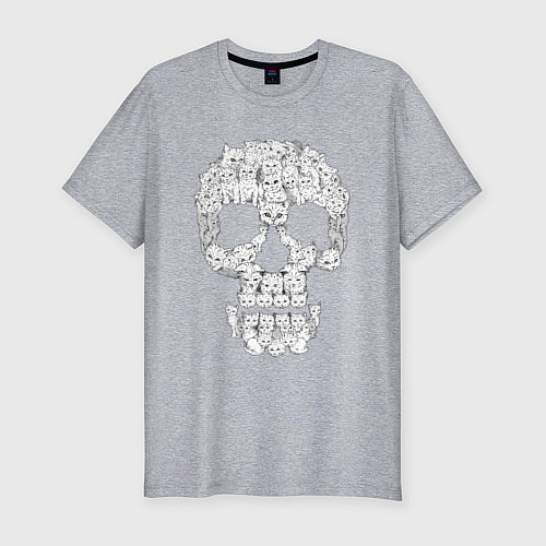 Мужская slim-футболка Череп с узором котов / Меланж – фото 1