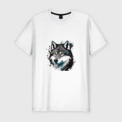 Футболка slim-fit Портрет волка с брызгами краски, цвет: белый
