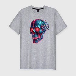 Футболка slim-fit Metal cyber skull - ai art, цвет: меланж