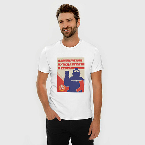 Мужская slim-футболка Helldivers 2 - Демократия нуждается в тебе / Белый – фото 3
