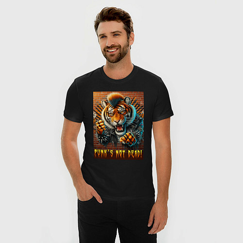 Мужская slim-футболка Punks not dead - motto tiger / Черный – фото 3