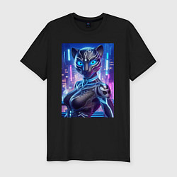 Футболка slim-fit Cyber panter - ai art fantasy, цвет: черный