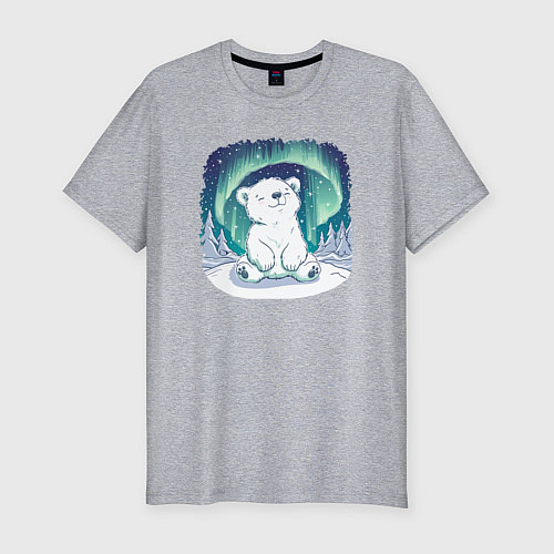 Мужская slim-футболка Белый медвежонок под северным сиянием / Меланж – фото 1