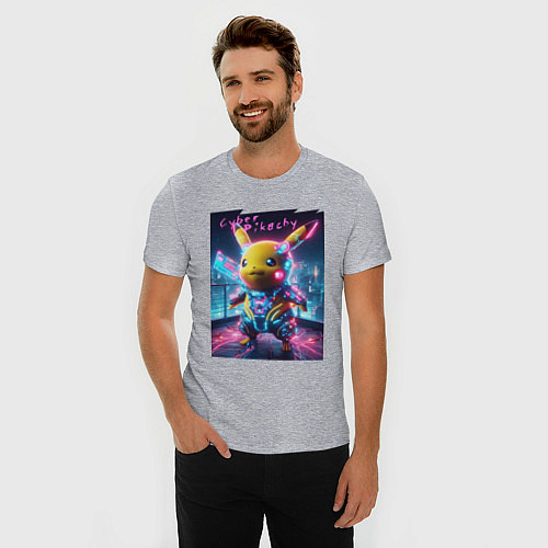 Мужская slim-футболка Cyber Pikachu - neon glow ai art fantasy / Меланж – фото 3