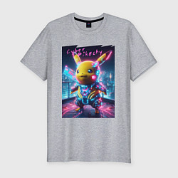 Футболка slim-fit Cyber Pikachu - neon glow ai art fantasy, цвет: меланж