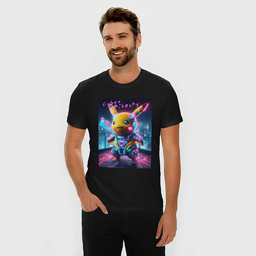 Мужская slim-футболка Cyber Pikachu - neon glow ai art fantasy / Черный – фото 3