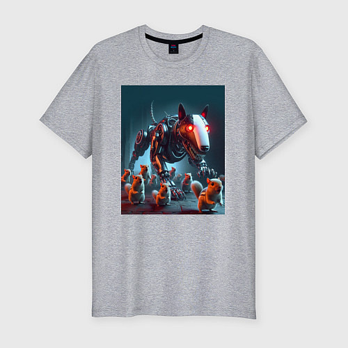 Мужская slim-футболка Кибер бультерьер защищает белок - нейросеть / Меланж – фото 1