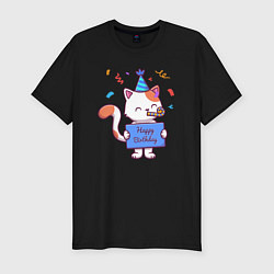 Футболка slim-fit Котик поздравляет с днём рождения, цвет: черный