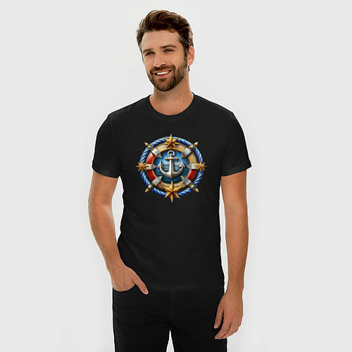 Мужская slim-футболка Морской якорь в спасательном круге / Черный – фото 3