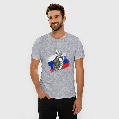 Мужская slim-футболка Аниме девушка на фоне триколора / Меланж – фото 3