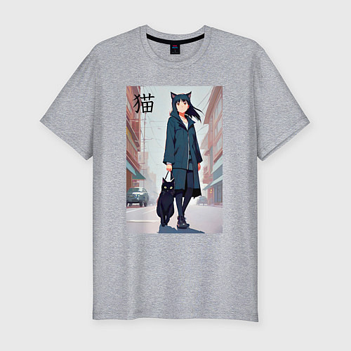 Мужская slim-футболка Девочка с кошкой в городе - нейросеть / Меланж – фото 1