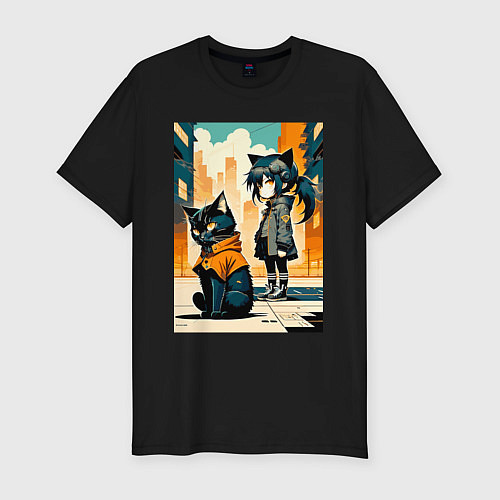 Мужская slim-футболка Кот и девочка гуляют на своём районе - нейросеть / Черный – фото 1