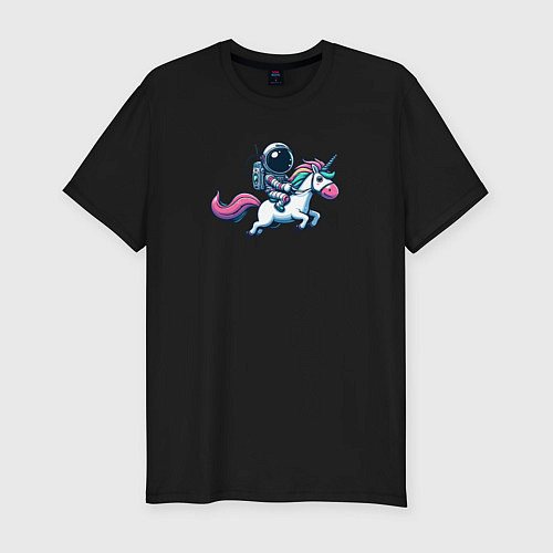 Мужская slim-футболка Космонавт едет верхом на единороге / Черный – фото 1