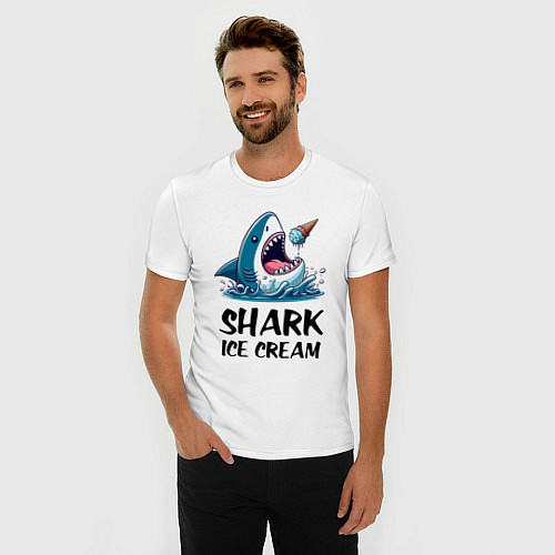 Мужская slim-футболка Shark ice cream - ai art / Белый – фото 3